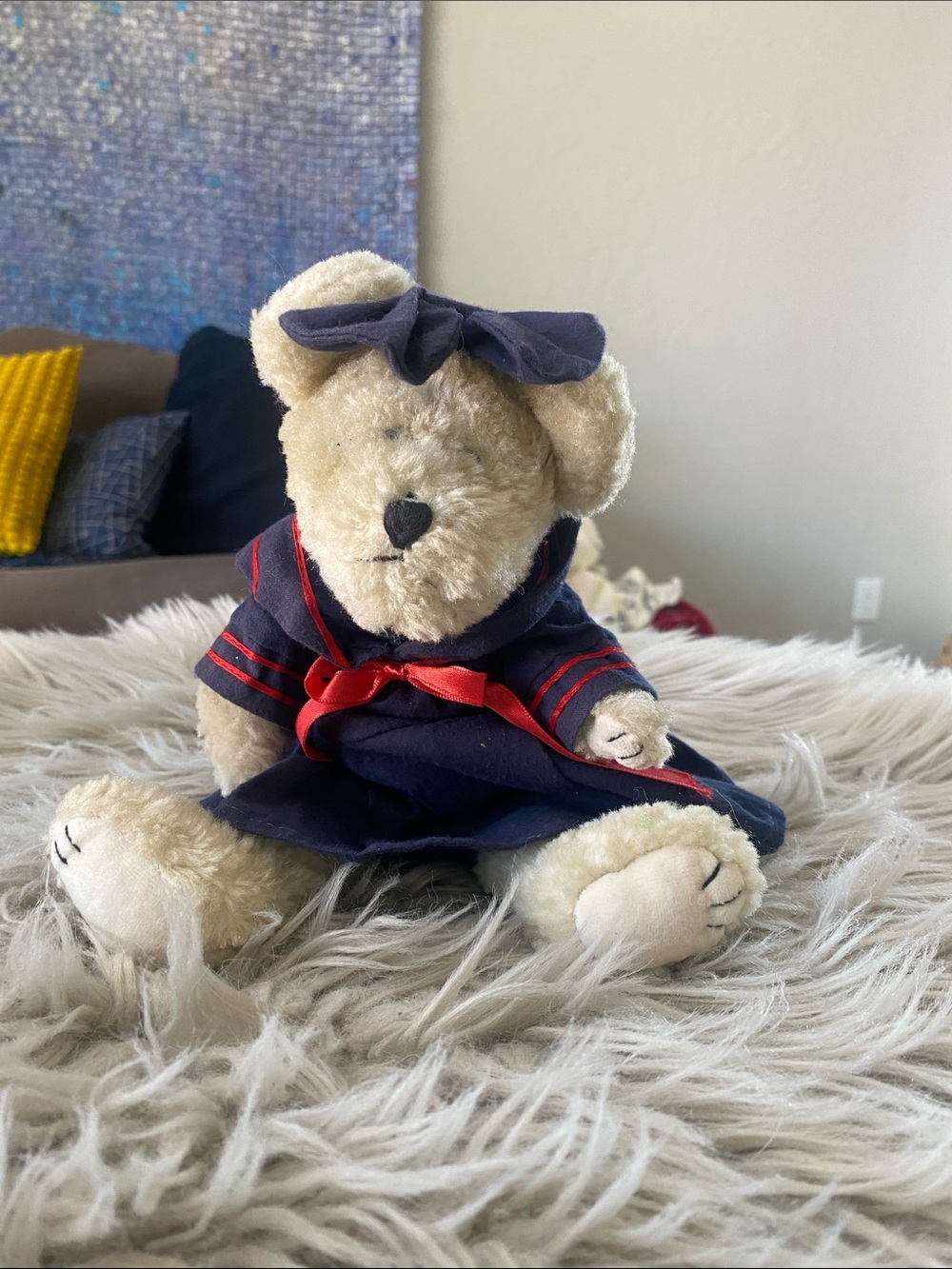 Boyds J.B. Bean Series Boyds Bears Plush Bear Beige 12 in Navy Dress Bow 1996